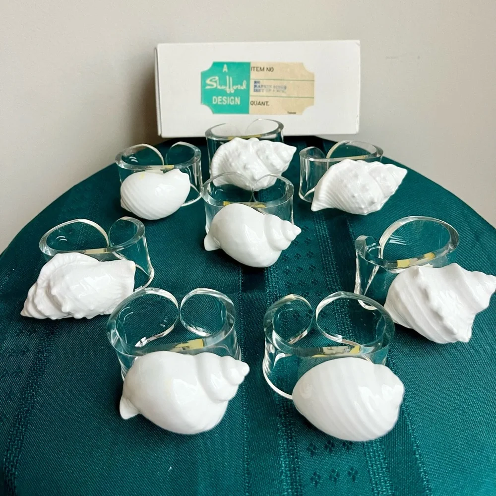 Vintage Shell Napkin Rings Seashells Acrylic Lucite Bone‎ China Conch Set 8
